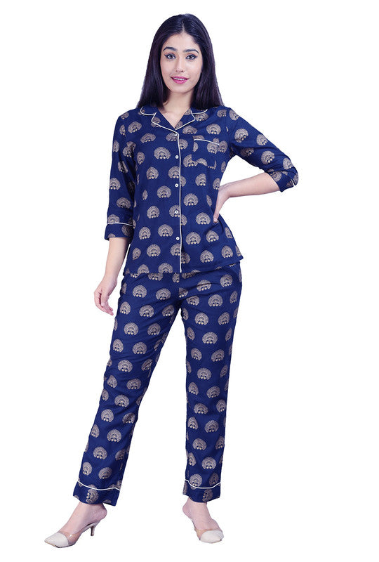 KASHANA Women's Rayon Navy All Over Print 3/4 Sleeve Sleepwear Shirt Pyjama Set Night Suit Set