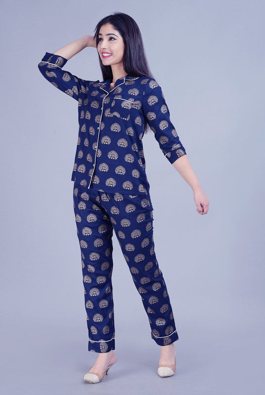 KASHANA Women's Rayon Navy All Over Print 3/4 Sleeve Sleepwear Shirt Pyjama Set Night Suit Set