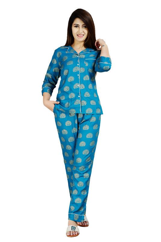 KASHANA Women's Rayon Light Blue All Over Print 3/4 Sleeve Sleepwear Shirt Pyjama Set Night Suit Set