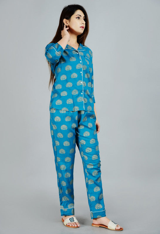 KASHANA Women's Rayon Light Blue All Over Print 3/4 Sleeve Sleepwear Shirt Pyjama Set Night Suit Set