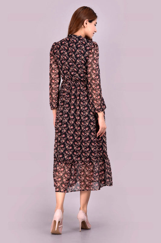 KASHANA Women's Poly Chiffon Brown Floral Print Full Sleeves Casual Empire Dress