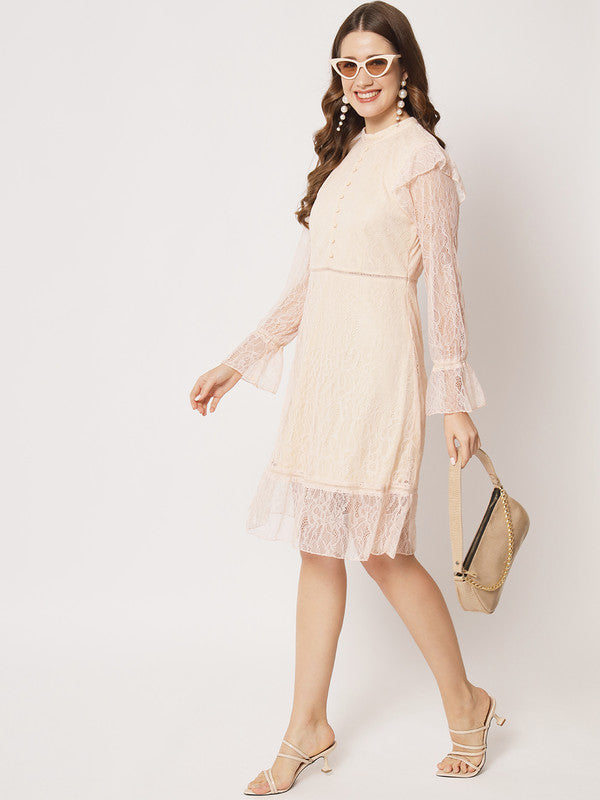 KASHANA Women's Nylon Beige Lace Full Sleeves PartyWear A-Line Dress