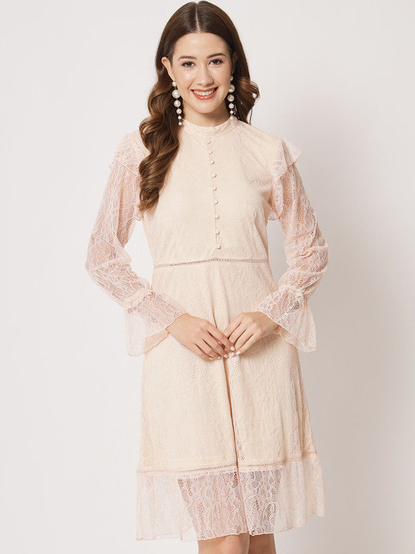 KASHANA Women's Nylon Beige Lace Full Sleeves PartyWear A-Line Dress