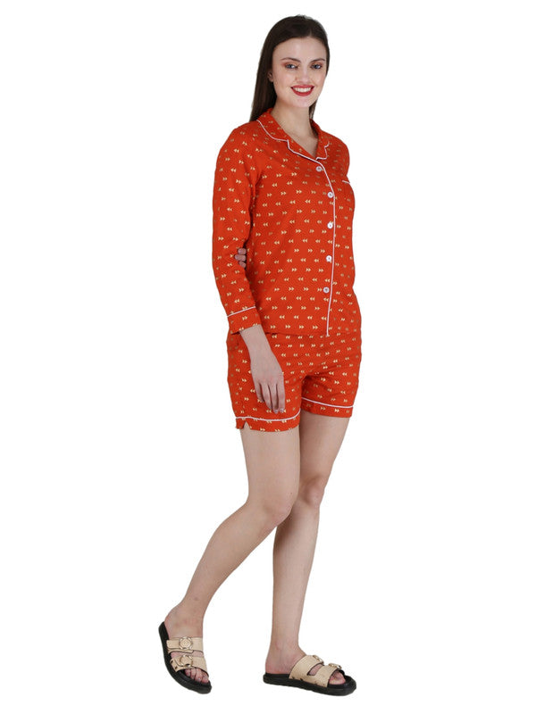 KASHANA Women's Rayon Orange Printed Full Sleeves Shirt Short Set Short Set Nightwear Set