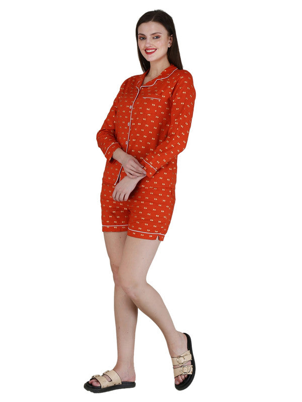 KASHANA Women's Rayon Orange Printed Full Sleeves Shirt Short Set Short Set Nightwear Set