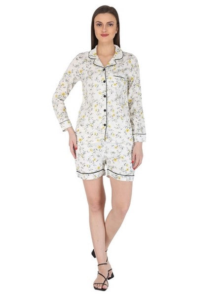 KASHANA Women's Rayon White Floral Print Full Sleeves Shirt Short Set Short Set Nightwear Set