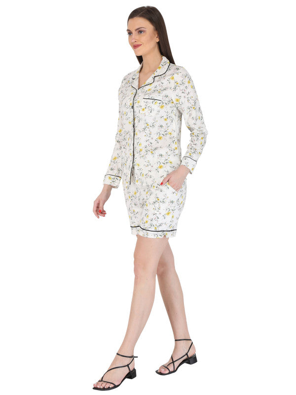 KASHANA Women's Rayon White Floral Print Full Sleeves Shirt Short Set Short Set Nightwear Set