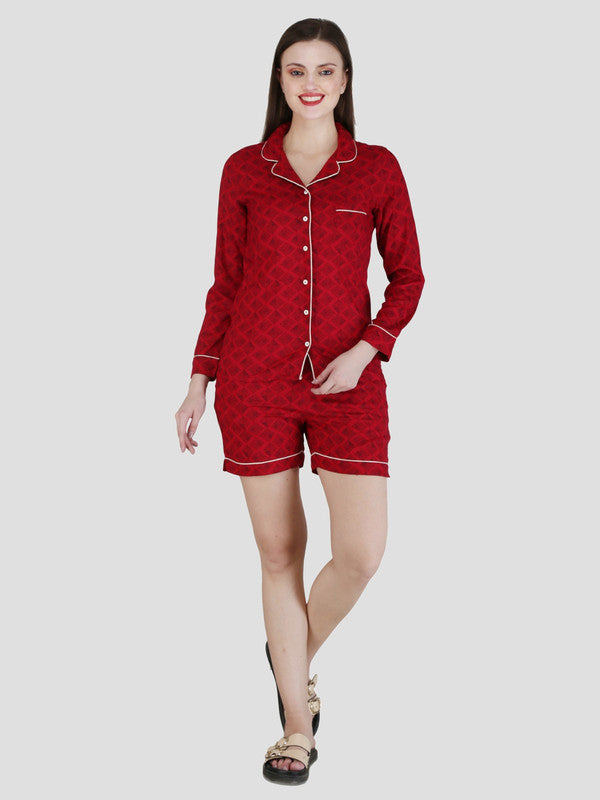 KASHANA Women's Rayon Maroon Checkered Full Sleeves Shirt Short Set Short Set Nightwear Set