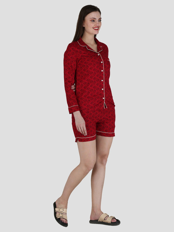 KASHANA Women's Rayon Maroon Checkered Full Sleeves Shirt Short Set Short Set Nightwear Set