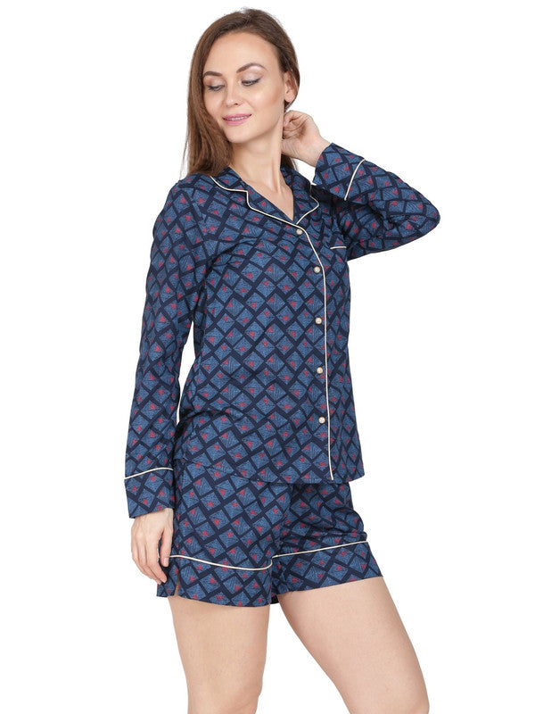 KASHANA Women's Rayon Blue Checkered Full Sleeves Shirt Short Set Short Set Nightwear Set