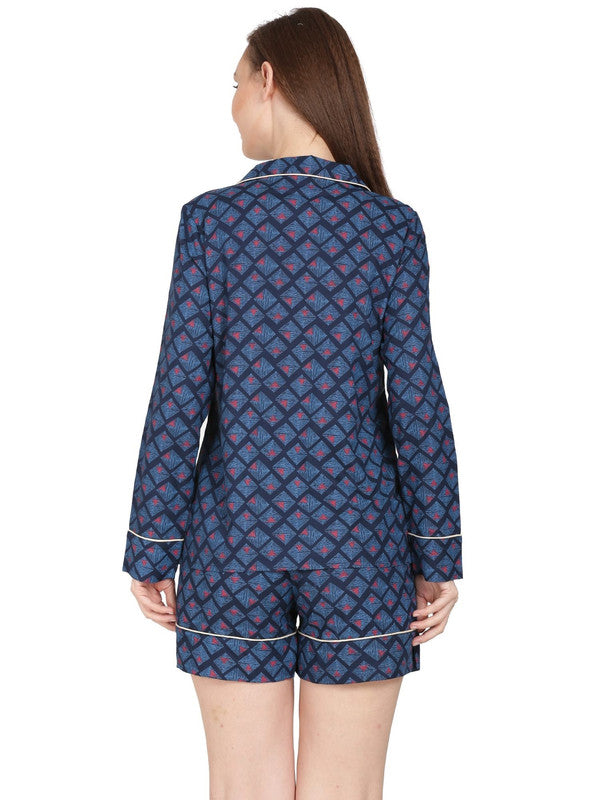 KASHANA Women's Rayon Blue Checkered Full Sleeves Shirt Short Set Short Set Nightwear Set
