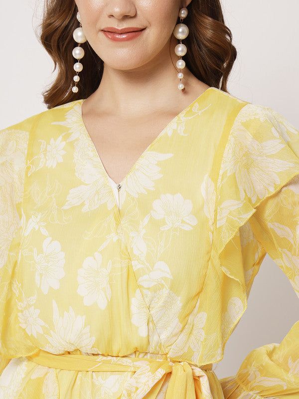 KASHANA Women's Chiffon Yellow Floral Print Full Sleeves PartyWear Wrap Dress