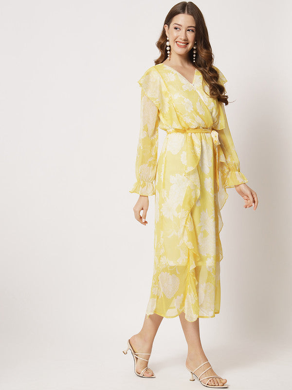 KASHANA Women's Chiffon Yellow Floral Print Full Sleeves PartyWear Wrap Dress