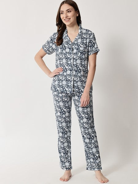KASHANA Women's Rayon Blue Floral Print 3/4 Sleeve Loungewear Shirt Pyjama Set Night Suit Set