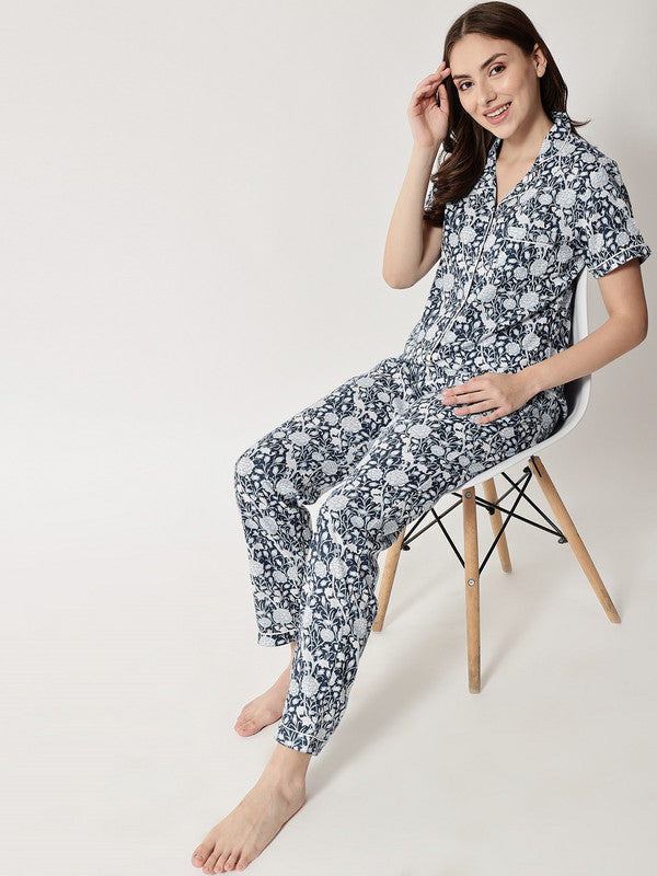 KASHANA Women's Rayon Blue Floral Print 3/4 Sleeve Loungewear Shirt Pyjama Set Night Suit Set