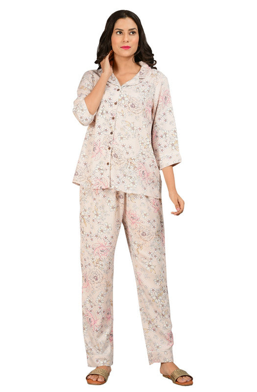 KASHANA Women's Rayon Pink Floral Print 3/4 Sleeve Loungewear Shirt Pyjama Set Night Suit Set
