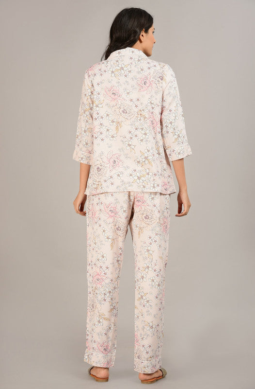 KASHANA Women's Rayon Pink Floral Print 3/4 Sleeve Loungewear Shirt Pyjama Set Night Suit Set