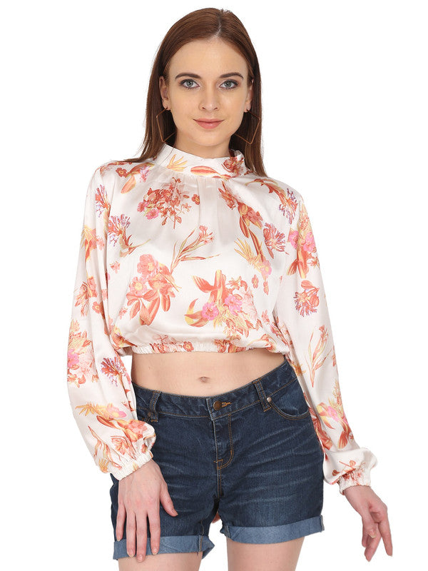 KASHANA Women's Satin Off-White Floral Print Full Sleeves Casual Crop Top Top