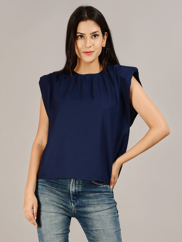 ELEENA Women's Polyester Navy Solid Puff Sleeve Casual Blouse Top