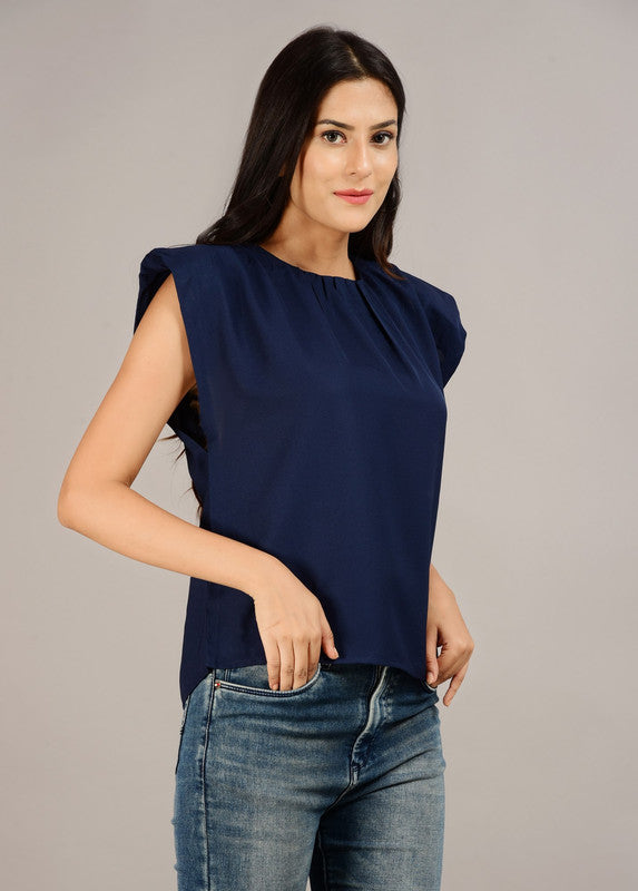 ELEENA Women's Polyester Navy Solid Puff Sleeve Casual Blouse Top