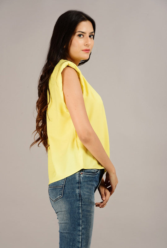 ELEENA Women's Polyester Yellow Solid Puff Sleeve Casual Blouse Top