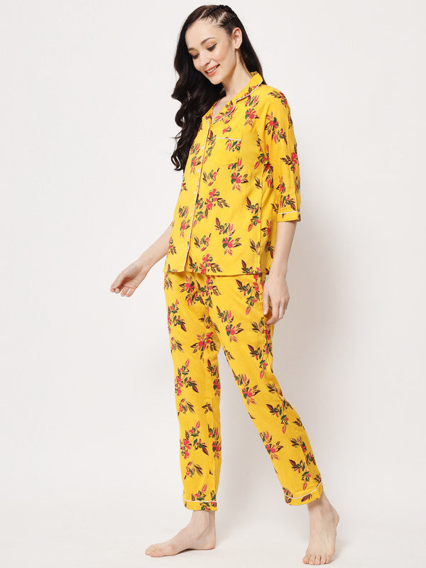 KASHANA Women's Rayon Yellow Floral Print 3/4 Sleeve Loungewear Shirt Pyjama Set Night Suit Set