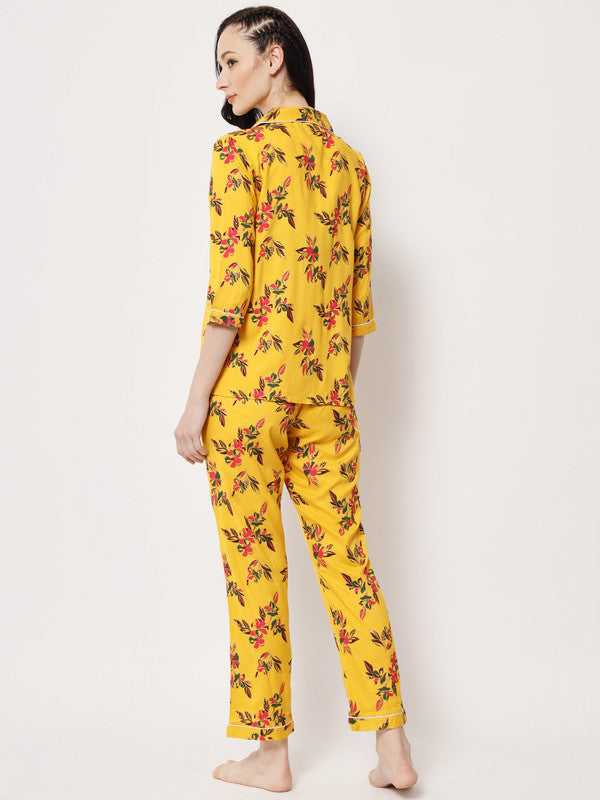 KASHANA Women's Rayon Yellow Floral Print 3/4 Sleeve Loungewear Shirt Pyjama Set Night Suit Set