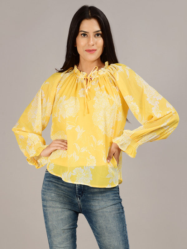 ELEENA Women's Chiffon Yellow Floral Full Sleeves Casual Top with knitted inner Top
