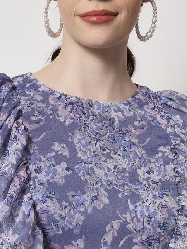 KASHANA Women's Polyester Blue Floral Print Cap Sleeve Evening Wear A-Line Dress