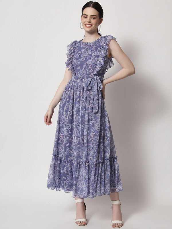 KASHANA Women's Polyester Blue Floral Print Cap Sleeve Evening Wear A-Line Dress