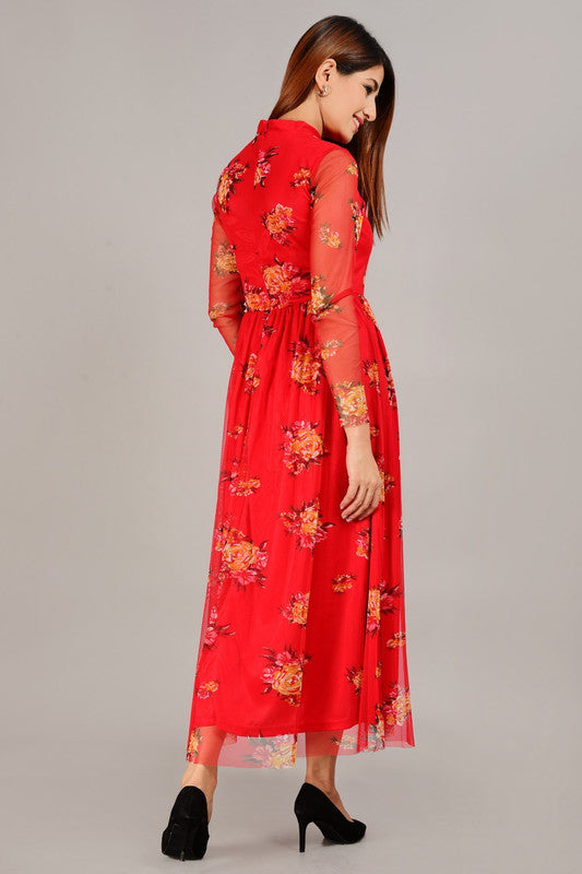 KASHANA Women's Poly-Net Red Floral Print Full Sleeves PartyWear Western Gown Dress