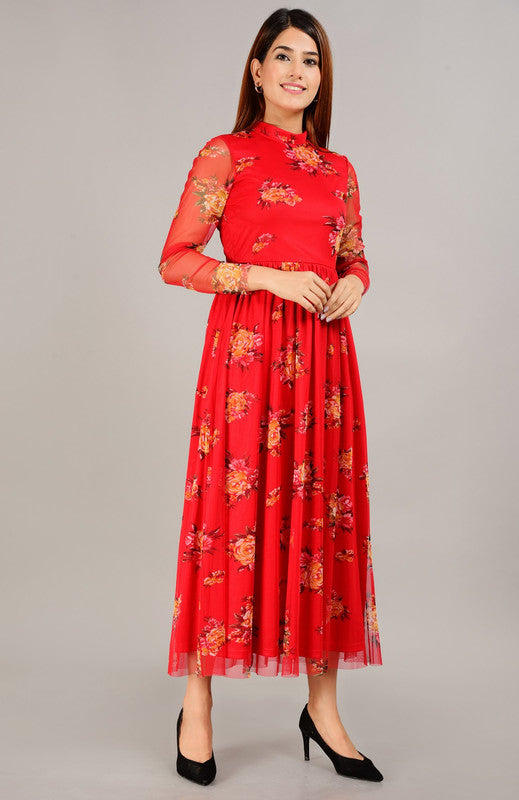 KASHANA Women's Poly-Net Red Floral Print Full Sleeves PartyWear Western Gown Dress