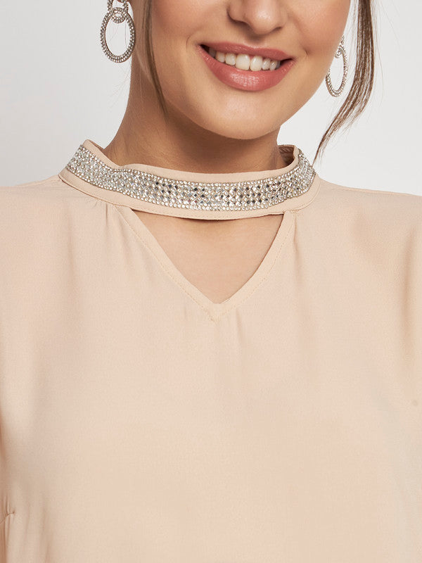 KASHANA Women's Polyester Beige Embellished Half Sleeve Casual Blouson Top Top