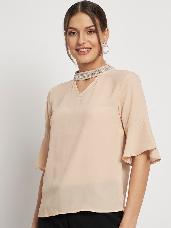 ELEENA Women's Polyester Beige Embellished Half Sleeve Casual Blouson Top Top