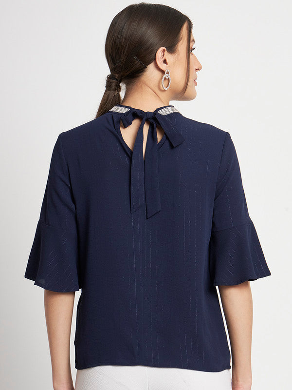 KASHANA Women's Polyester Navy Embellished Half Sleeve Casual Blouson Top Top