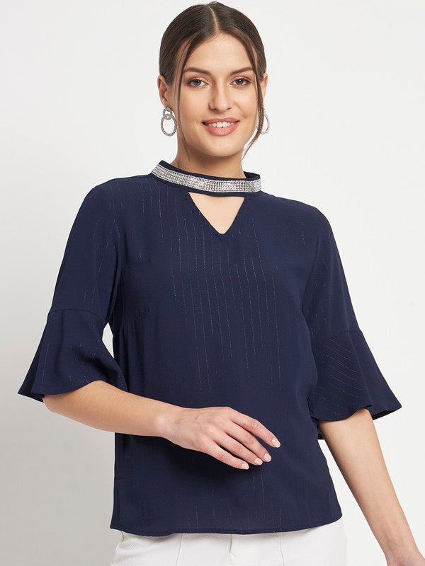 KASHANA Women's Polyester Navy Embellished Half Sleeve Casual Blouson Top Top
