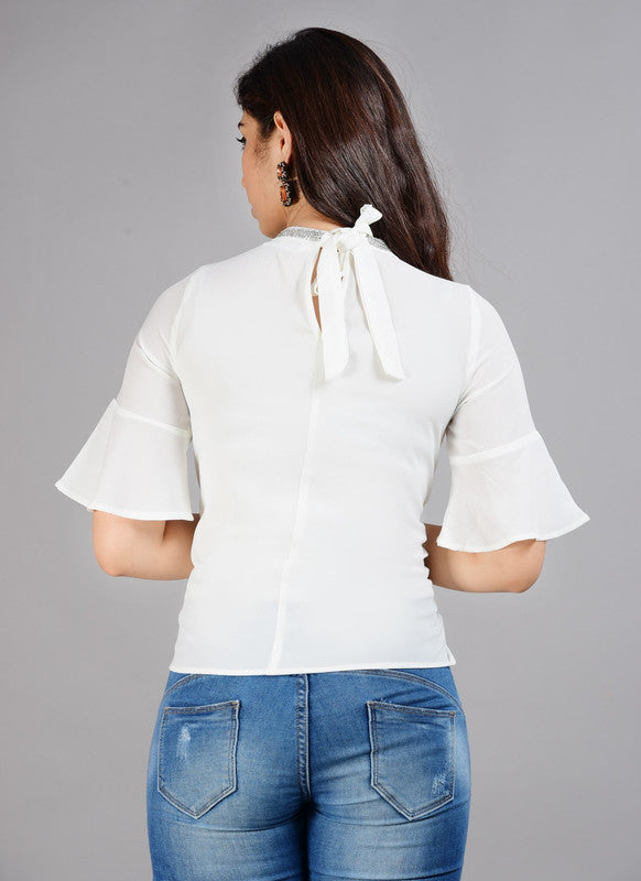 KASHANA Women's Polyester White Embellished Half Sleeve Casual Blouson Top Top