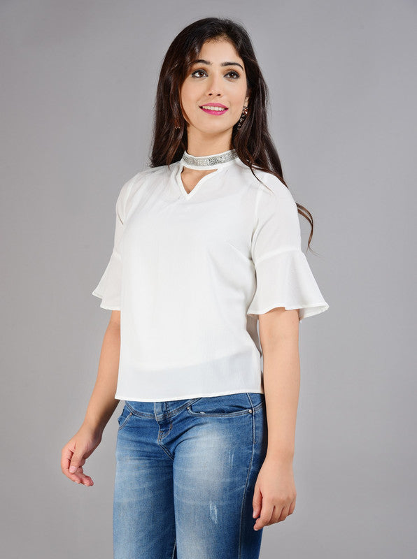 ELEENA Women's Polyester White Embellished Half Sleeve Casual Blouson Top Top