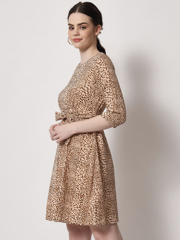 KASHANA Women's Polyester Brown Animal Print Half Sleeve Skater A-Line Dress