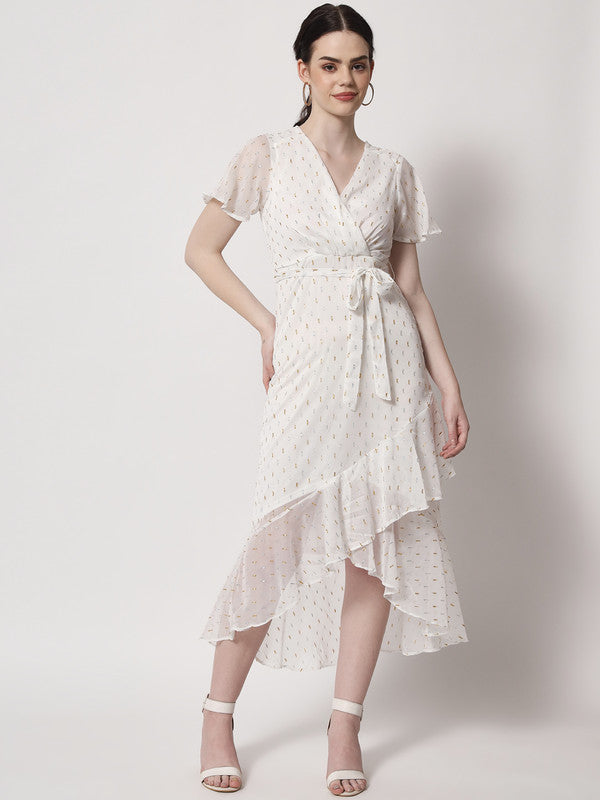 KASHANA Women's Polyester White Solid Bell sleeve Evening Wear Wrap Dress