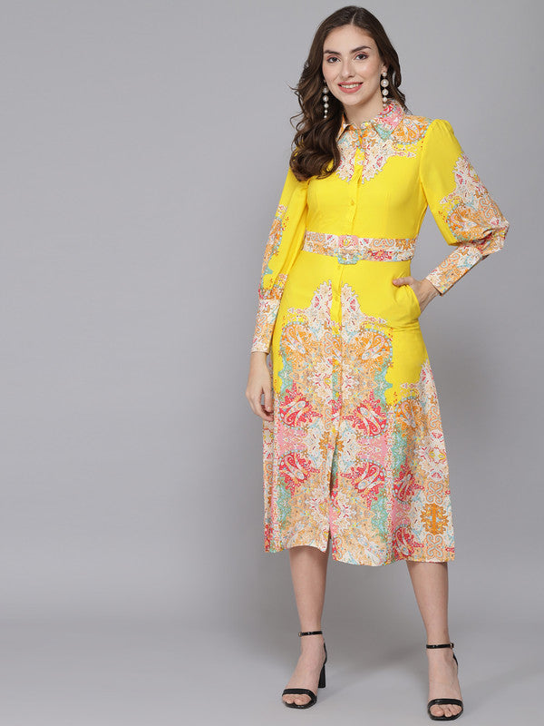 ELEENA Women's Poly-Crep Yellow Printed Full Sleeves Casual Shirt Style Dress