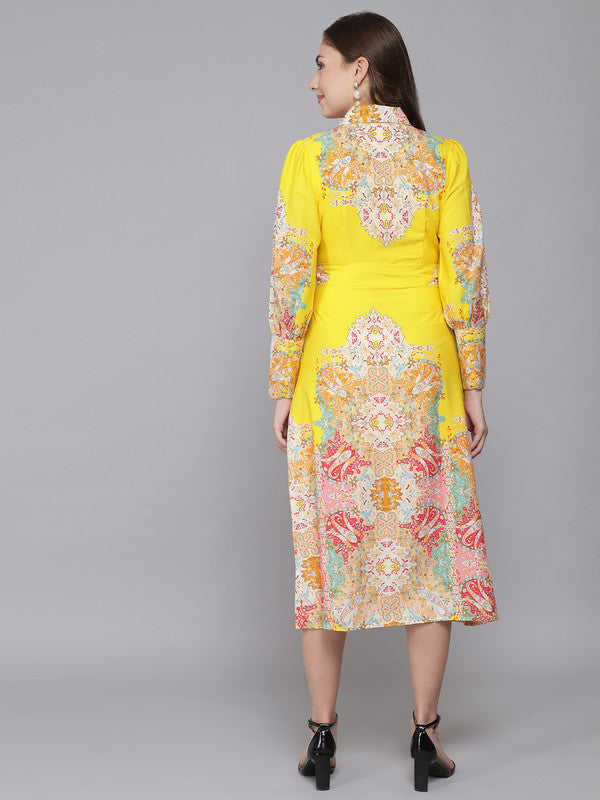 ELEENA Women's Poly-Crep Yellow Printed Full Sleeves Casual Shirt Style Dress