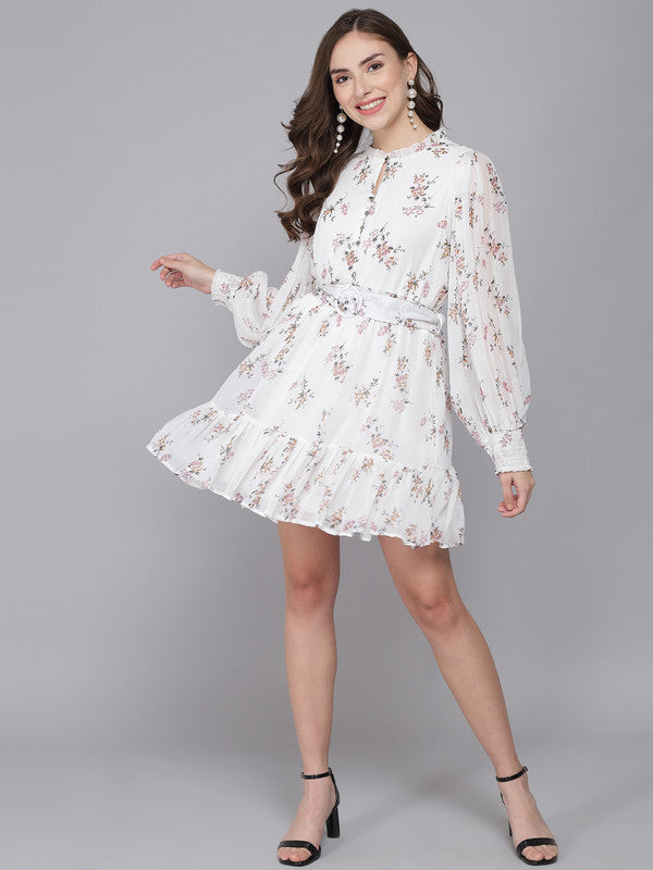 KASHANA Women's Poly Chiffon White Floral Print Full Ruffle Sleeves PartyWear Ruffle Dress