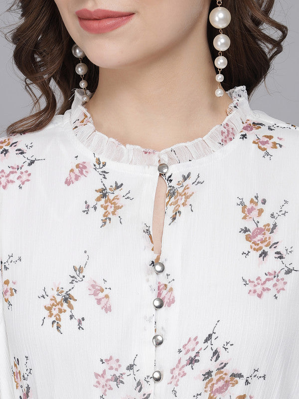 ELEENA Women's Poly Chiffon White Floral Print Full Ruffle Sleeves PartyWear Ruffle Dress