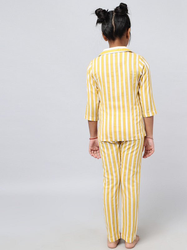 KASHANA Girl's Rayon Yellow Striped 3/4 Sleeves Loungewear Shirt Pyjama Night Suit Set