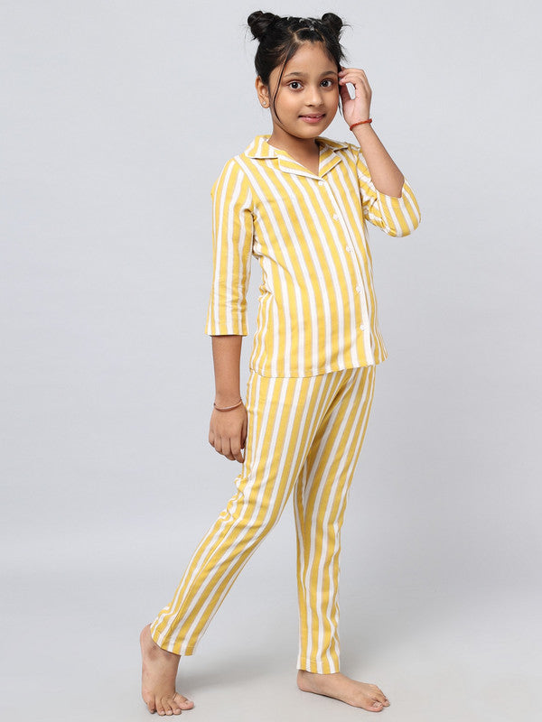 ELEENA Girl's Rayon Yellow Striped 3/4 Sleeves Loungewear Shirt Pyjama Night Suit Set