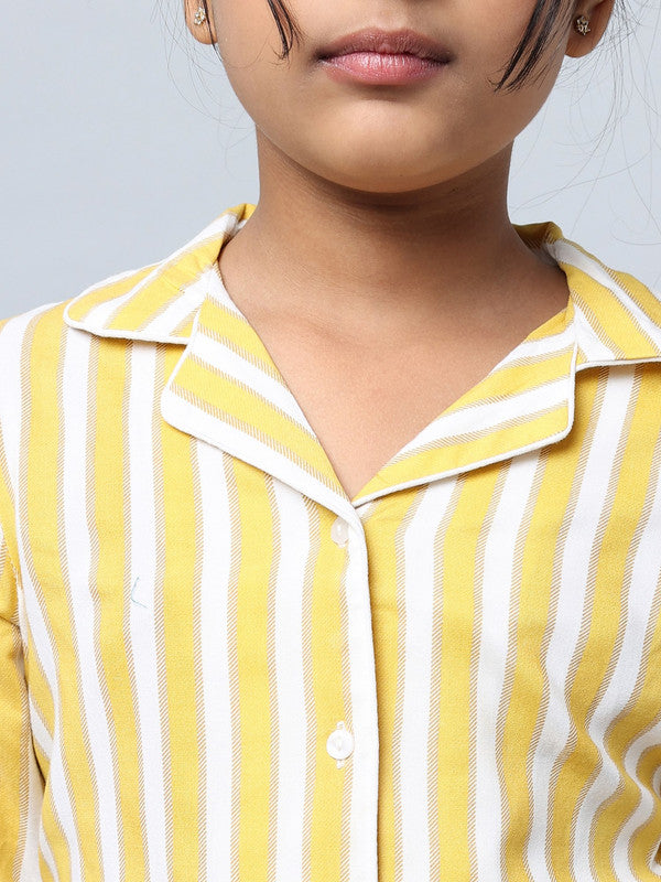 ELEENA Girl's Rayon Yellow Striped 3/4 Sleeves Loungewear Shirt Pyjama Night Suit Set