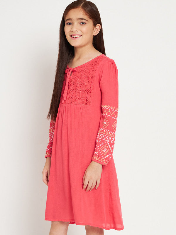 ELEENA Girl's Rayon Crepe Red Embroidery Full sleeve Partywear A-Line Dress