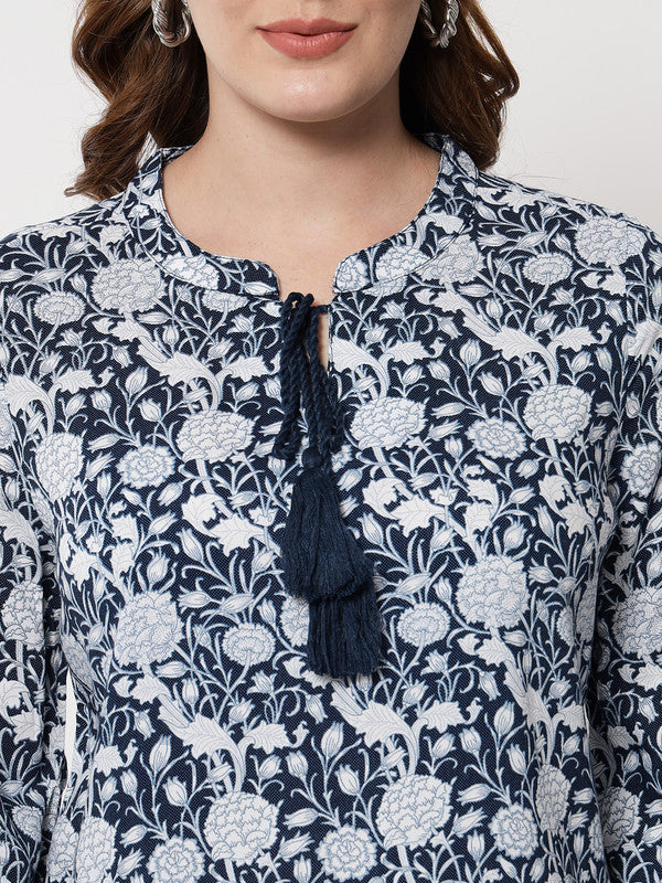 ELEENA Women's Rayon Navy blue Floral Print Full Sleeve Casual Regular Top