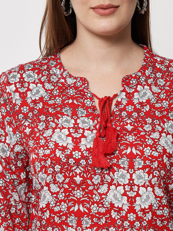 ELEENA Women's Rayon Red Floral Print Full Sleeve Casual Regular Top